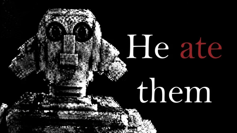 Official He Ate Them promotional cover with a grainy monster and white and red title